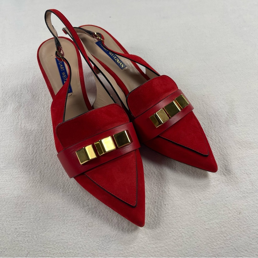 Stuart Weitzman Red Pointed Slingback Flats with Gold Accents suede made Spain